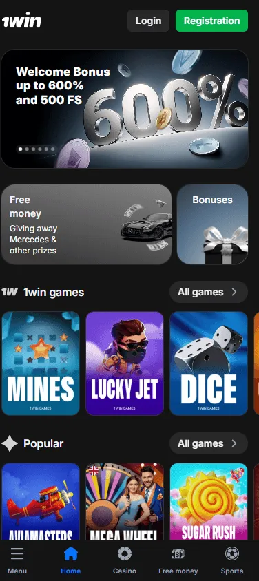 1win Casino mobile home experience with account access and casino options