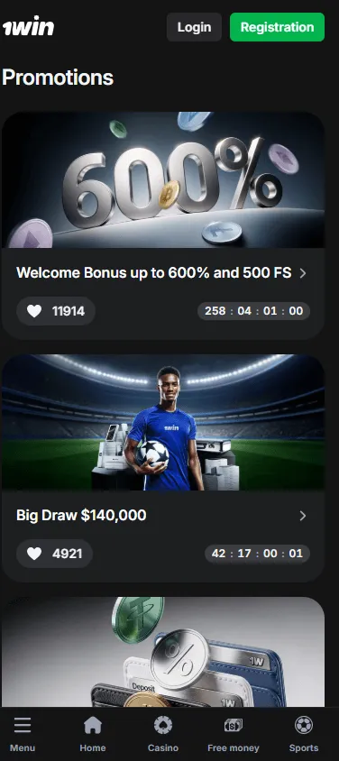 1win Casino mobile promotions showing welcome and deposit bonus offers