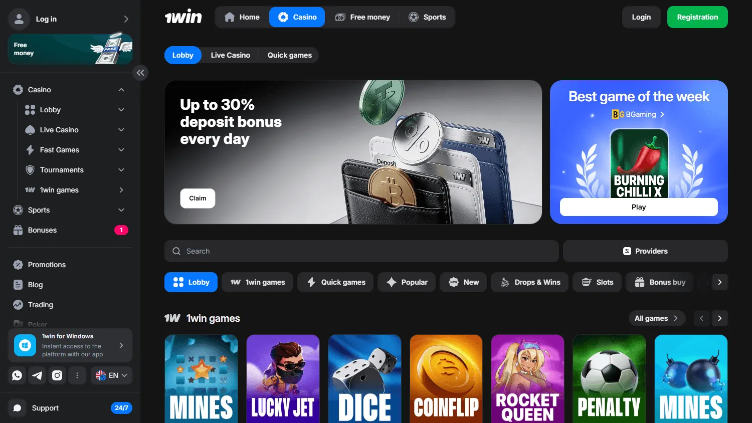1win Casino desktop game selection with casino and live game categories