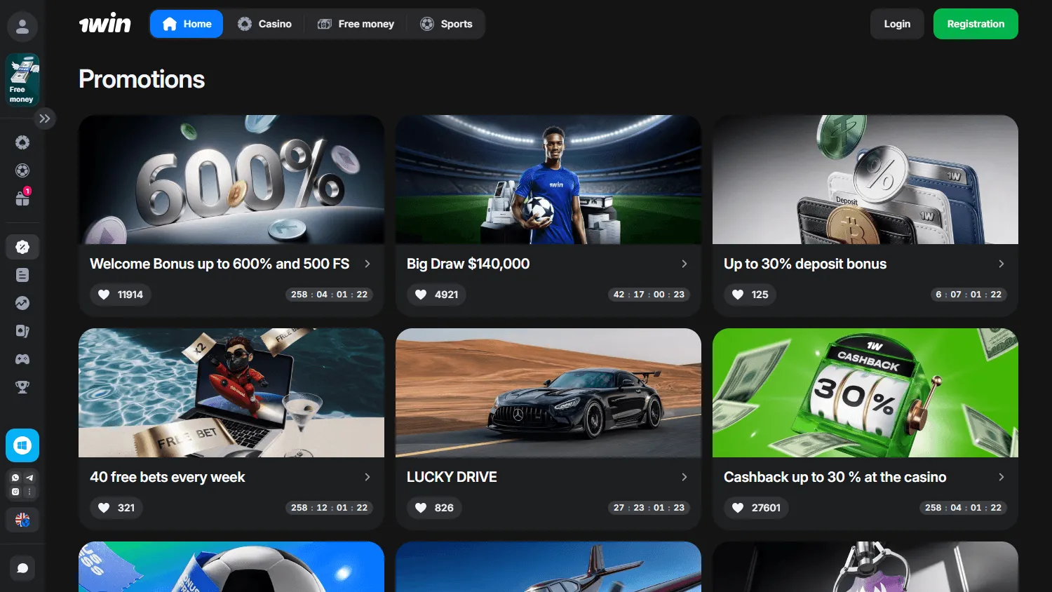 1win Casino desktop promotions showing welcome and deposit bonus offers