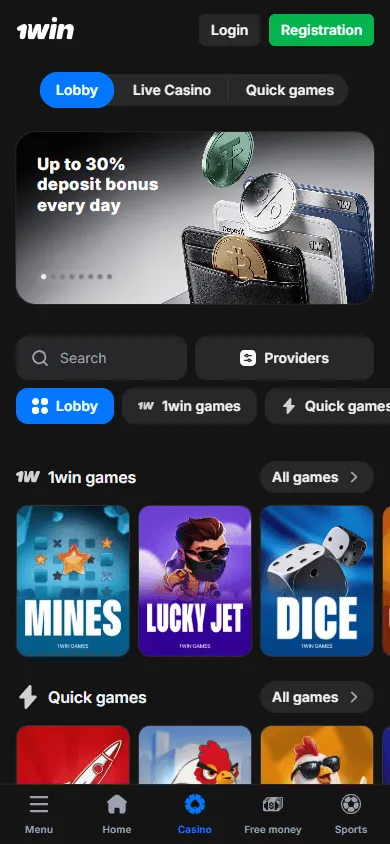 1win Casino mobile game selection with pokies and live game categories