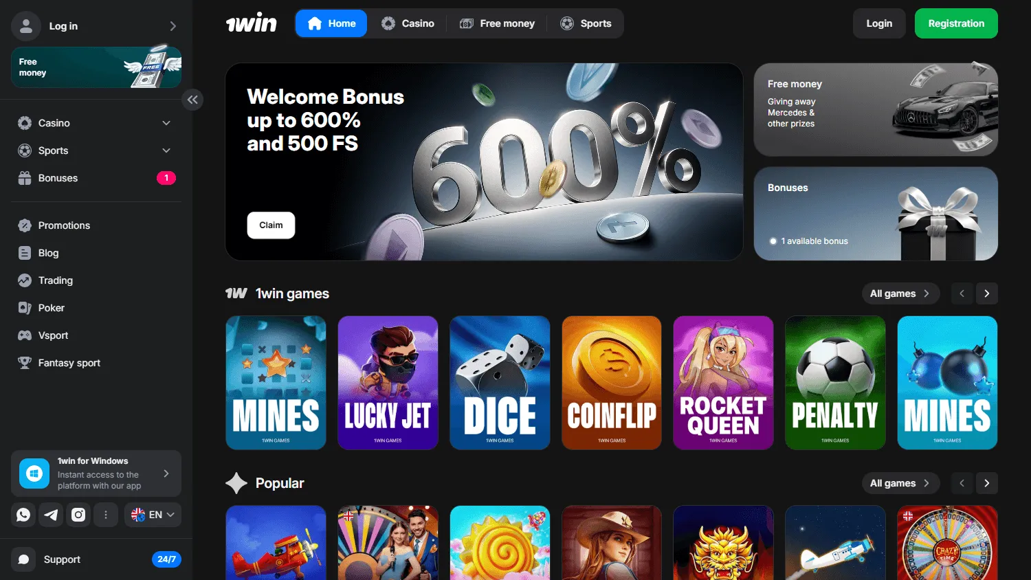 1win Casino desktop home experience with account and casino options